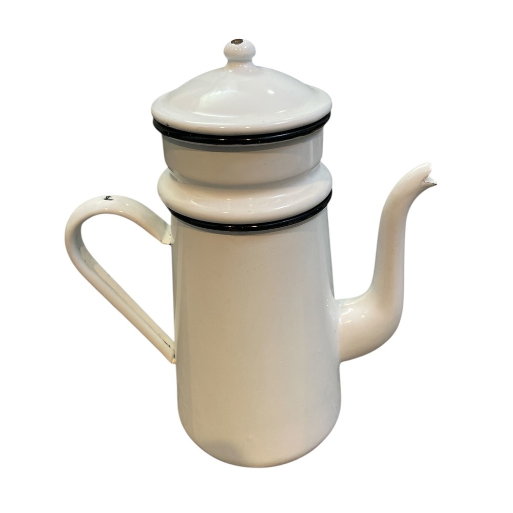 Vintage Enamel Coffee Pot French Drip White Black Enamelware Farmhouse Cottage - Picture 2 of 12
